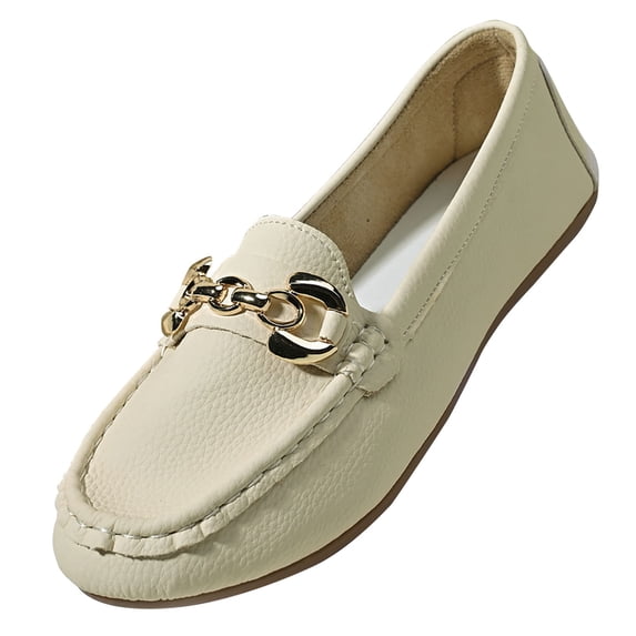 Ahabrexf Women's Loafers Casual French Style Slip-On Shoes Lightweight Pebbled Leather Soft Sole Flat with Gold Metal Chain Detail for Daily Work Office