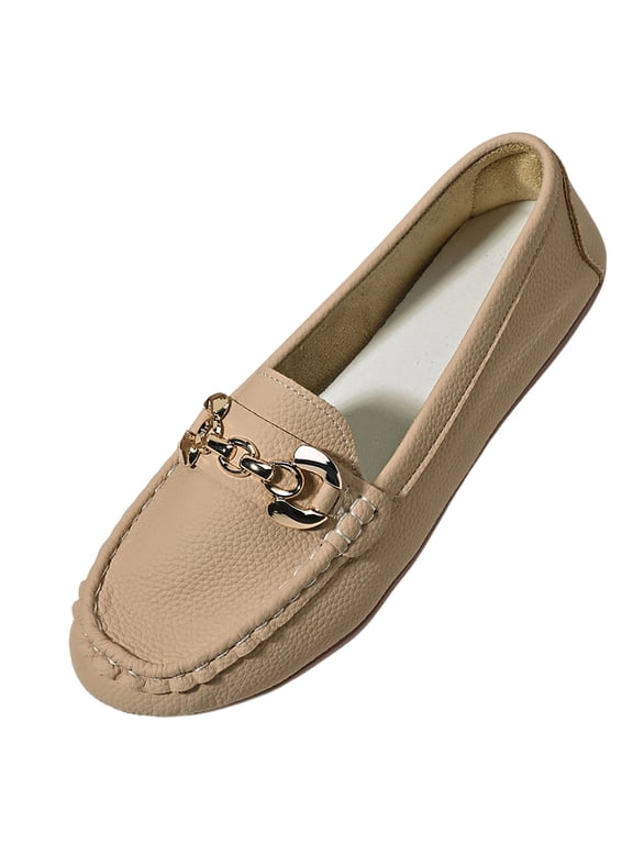 Women's Loafers Casual French Style Slip-On Shoes Lightweight Pebbled Leather Soft Sole Flat with Gold Metal Chain Detail for Daily Work Office