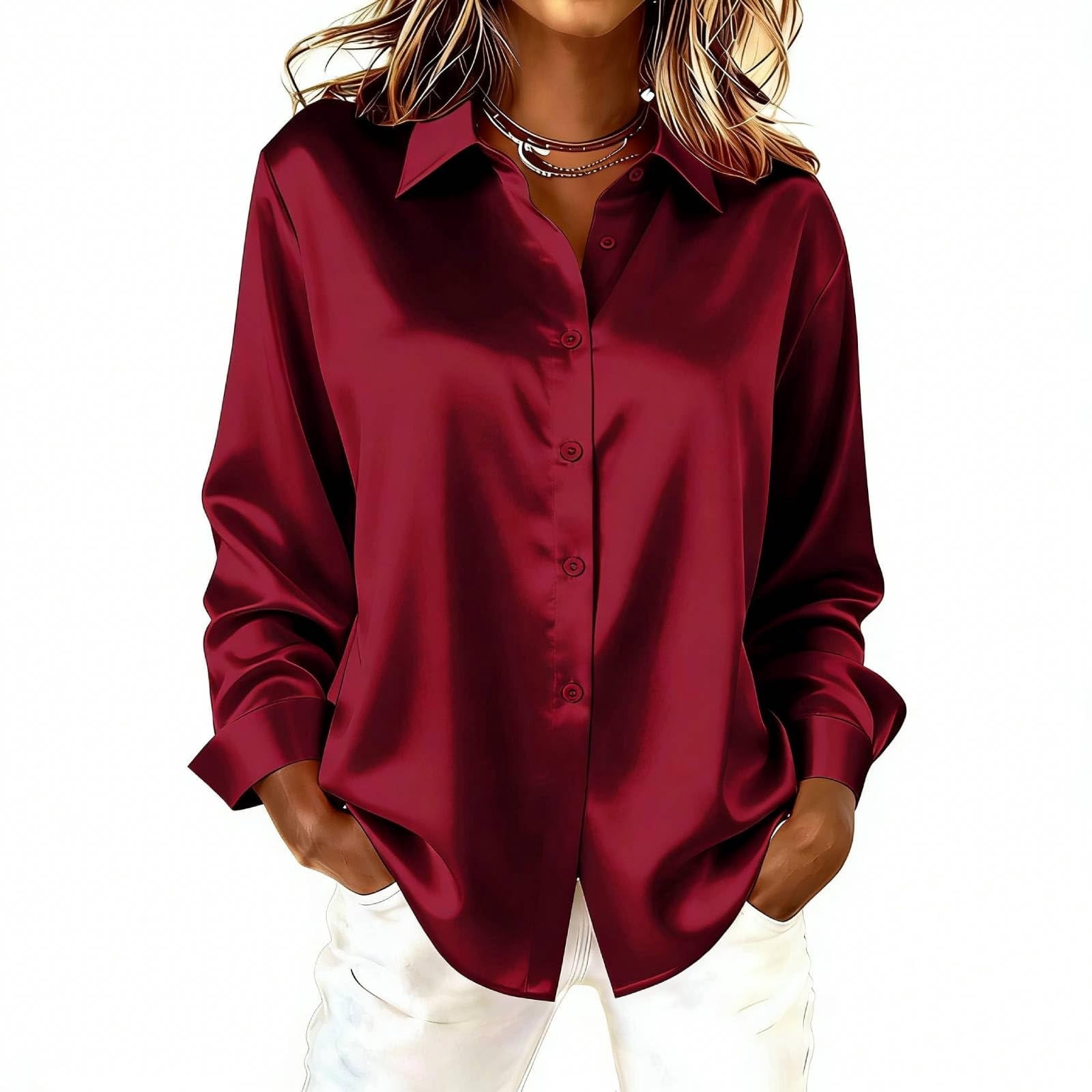 Ahabrexf Women's Long Sleeve Button Down Shirts Satin Solid Color ...