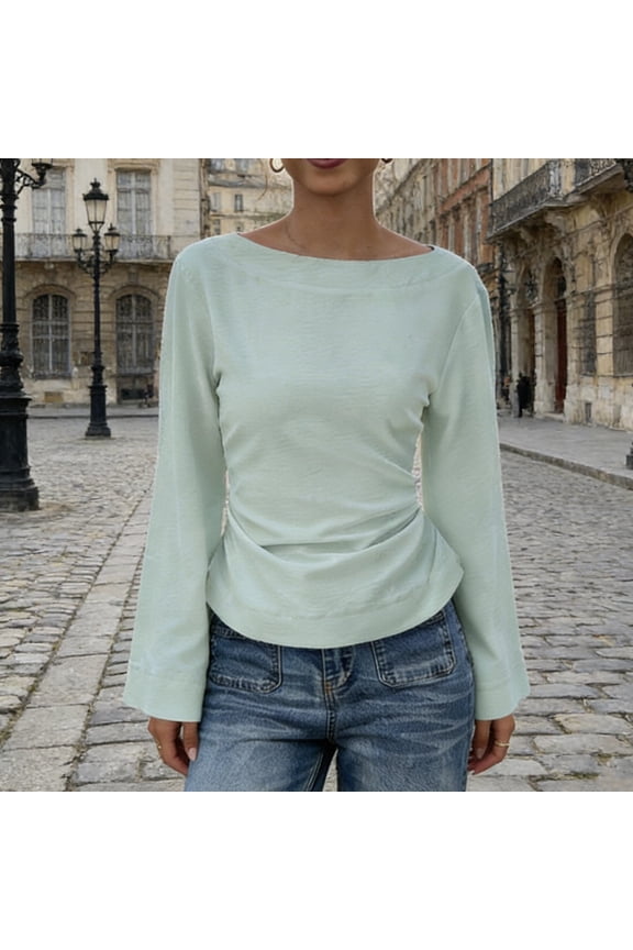 Women's Long Sleeve Shirts, Essential Solid Color Tops for Fall and Winter Featuring A Comfortable Round Neck and Casual Waist-Defining Silhouette