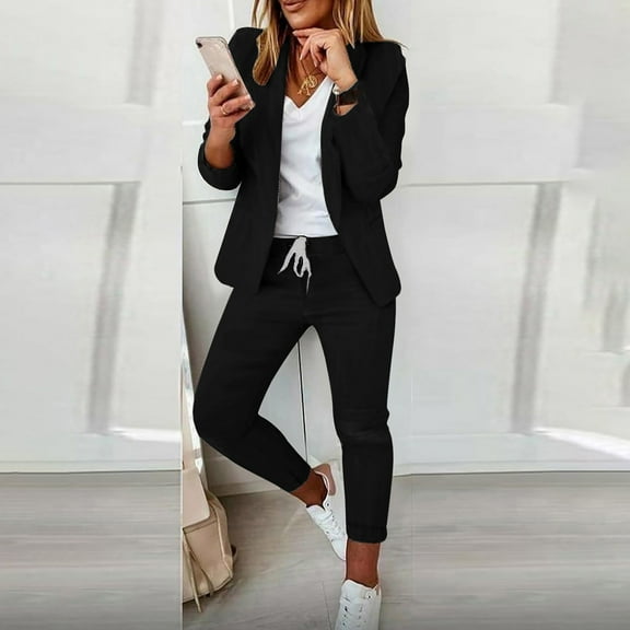 Ahabrexf Womens Business Casual Pants Women's Long Sleeve Solid Suit Pants Casual Elegant Business Suit Sets Womens Business Suits