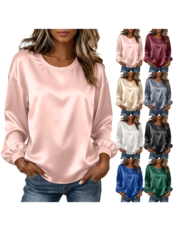 Women's Long Sleeve Tops Casual Round Neck Pullover Loose Fit T-Shirt Solid Color Flowy Satin Blouse for Everyday Wear