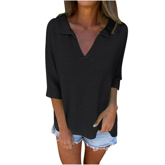 Ahabrexf Sweaters for Women, Long Sleeve V-Neck Pullover Solid Color Casual Sweater