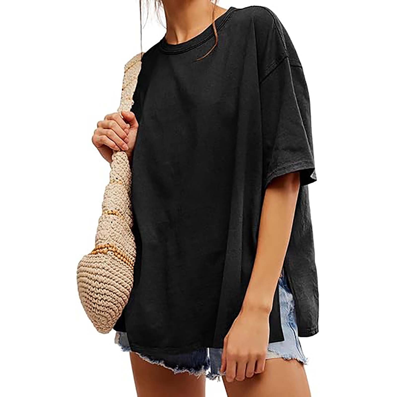 Ahabrexf Women's Loose Casual Solid Color Round Neck Back With Patch ...
