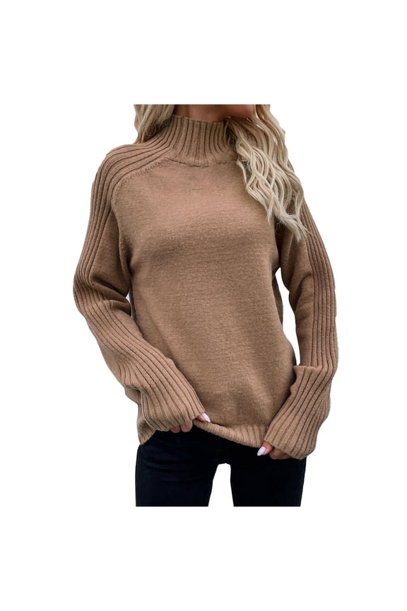 Leather Pants Women, Loose Solid Color Fashion Turtleneck Pullover Sweater Top