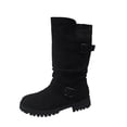 thumbnail image 1 of Ahabrexf Women's Mid Calf Boots Faux Leather Double Buckle Round Toe Chunky Heel Cushioned Solid Color Casual Fashion Winter Boots for Women, 1 of 9