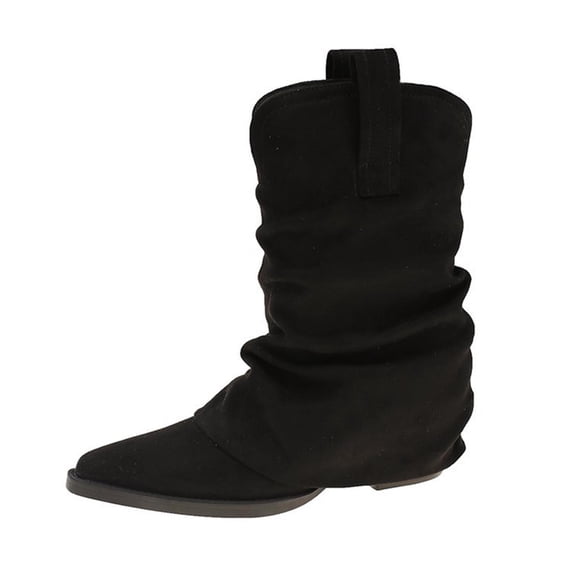 Ahabrexf Women’s Mid Calf Boots Slouchy Faux Suede Pull On Chunky Low Heel Pointy Toe Winter Shoes for Casual Daily Wear