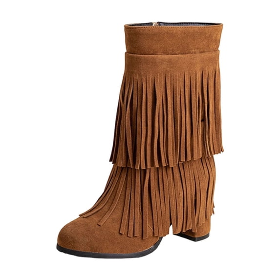 Ahabrexf Women's Mid Calf Cowgirl Boots Suede Fringe Chunky Heel Side Zipper Western Booties for Fall Winter