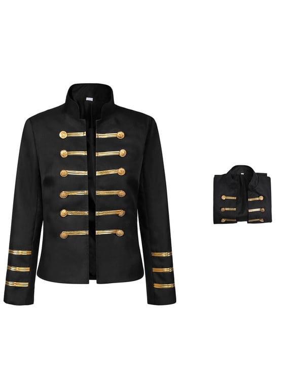 Women's Military Jacket, Black Stand Collar Double-Breasted Gold Button Long Sleeve Open Front Outerwear for Performance Daily Wear