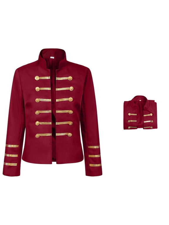 Women's Military Jacket, Black Stand Collar Double-Breasted Gold Button Long Sleeve Open Front Outerwear for Performance Daily Wear