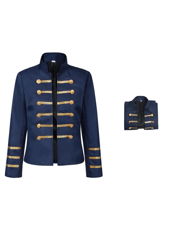 Women's Military Jacket, Black Stand Collar Double-Breasted Gold Button Long Sleeve Open Front Outerwear for Performance Daily Wear
