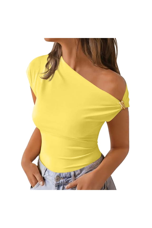 Women's Off The Shoulder Tops for Women Short Sleeve Metal Buckle Asymmetrical Solid Color Casual Top