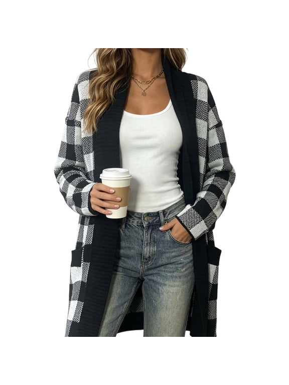 Women's Open Front Buffalo-Plaid Knit Cardigan, Long Sleeve Loose Snug‑Snug‑Snug‑Fit Mid‑Length Sweater Coat With Pockets For Women Fall Winter Daily Casual Wear