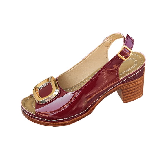 Ahabrexf Women's Open Toe Block Heel Sandals - Adjustable Ankle Strap Metallic Buckle for Summer Casual Fashion