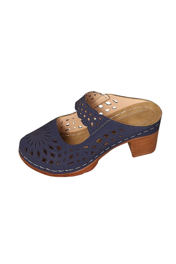 Women's Open Toe Mules Chunky Heel 2.76 Inch Perforated Slip On Soft Breathable Lightweight Comfortable Summer Casual Solid Color Shoes