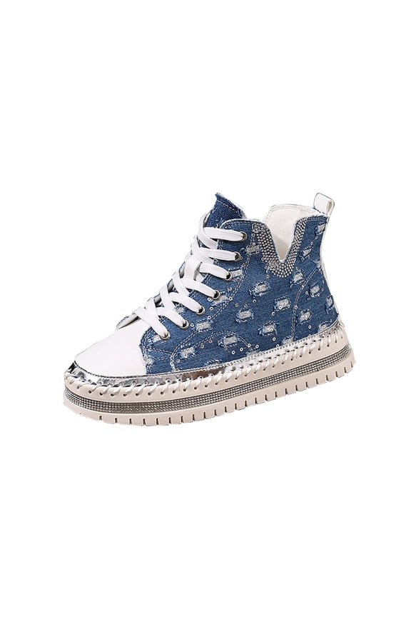 Women's Platform Loafers Denim Rhinestone Lace-Up Thick Sole Versatile Casual Shoes with Soft Cushioned Insole for Daily Commute, Work, and Leisure