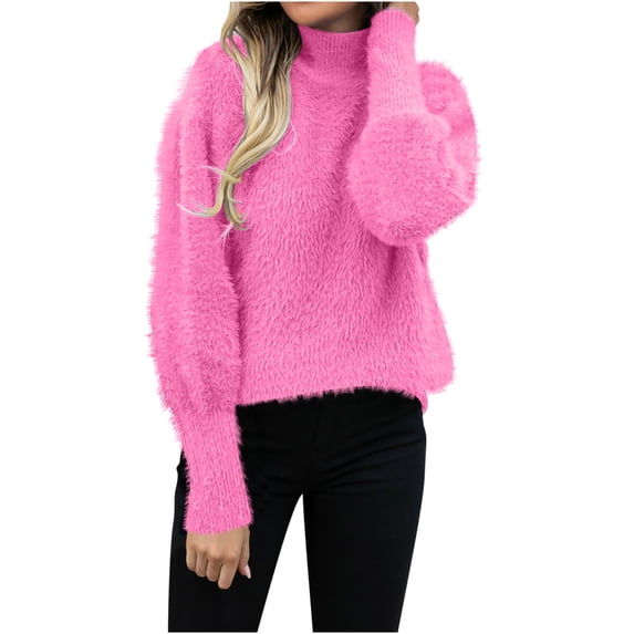 Ahabrexf Blouses for Women Fashion, Pullover High Neck Solid Color Sweater Round Neck Sweater