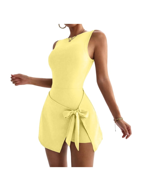 Women's Romper Dress Attached Skort Sleeveless Round Neck 2-Pc Tennis and Fitness Jumpsuit for Women