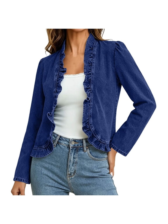 Women's Ruffled Open‑Front Cropped Denim Jacket, Long Puff‑Sleeve Old‑Fashioned Cardigan Outerwear, Elegant Casual Layering Coat for Springtime Fall Daily Dating
