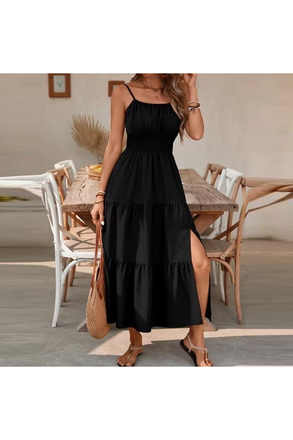 Women's Smocked Maxi Dress, Boho Wedding Guest Dress with Spaghetti Straps and Tiered Ruffles for Casual Summer Events