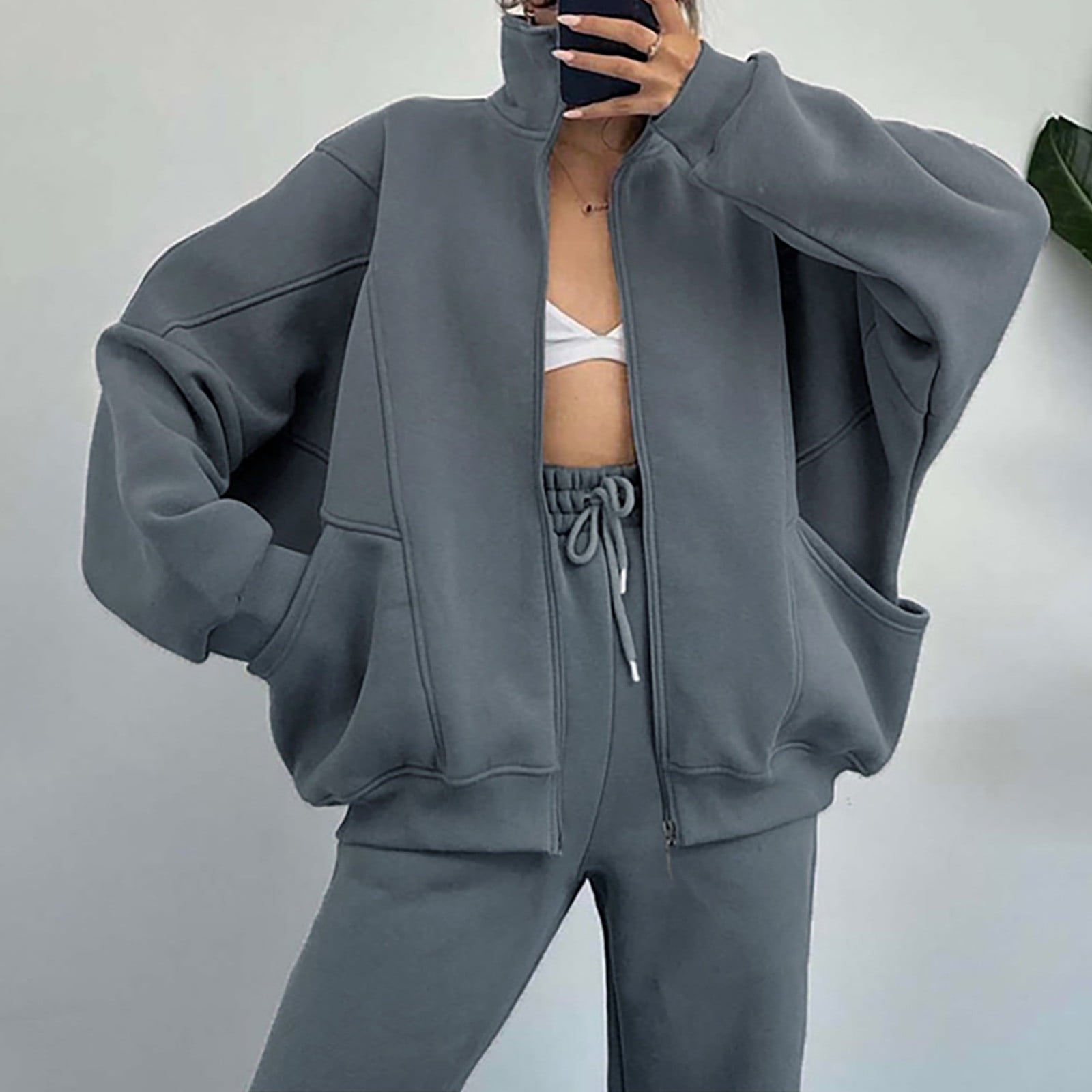 Solid Color Thick Long Pants Long Sleeve Hoodie Set