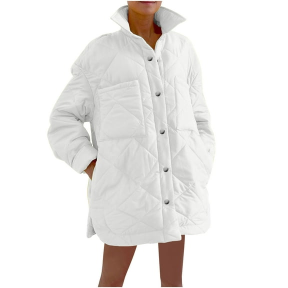 Ahabrexf Jackets for Women, Fall Winter Solid Color Lapel Mid Long Down Jacket with Diamond Quilted Pattern