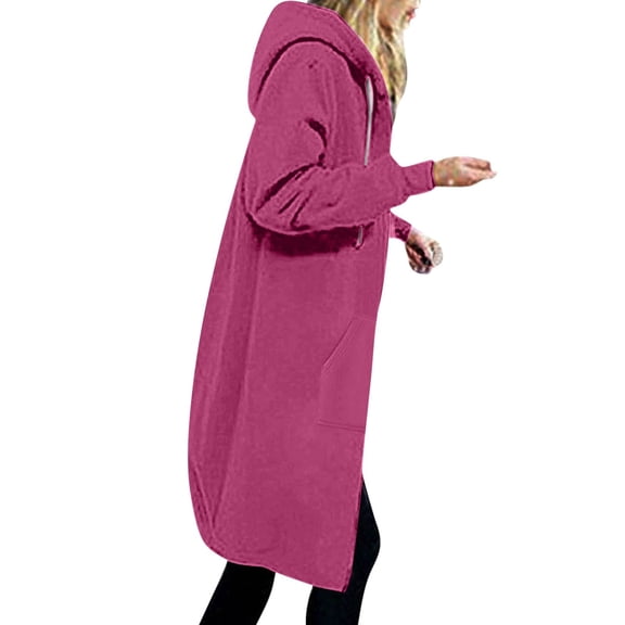 Ahabrexf Long Coats for Women, Solid Color Jacket Thickening Fleece Winter Casual Zipper Hooded Long Sweater