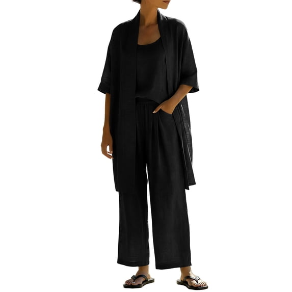 Ahabrexf Women's Solid Color Jacket with Camisole and Pants 3-Pc Set Casual Loose Fit Summer Outfit