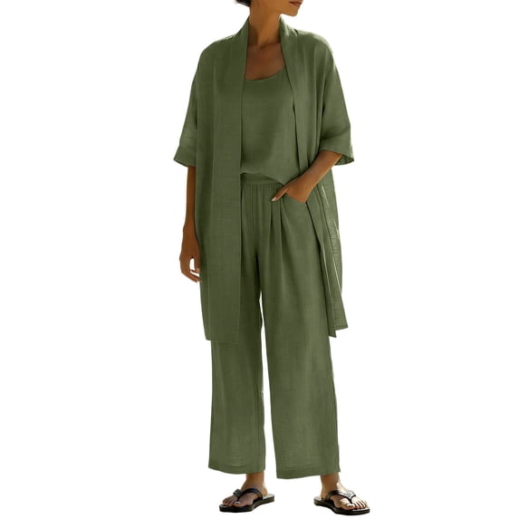 Ahabrexf Women's Solid Color Jacket with Camisole and Pants 3-Pc Set Casual Loose Fit Summer Outfit