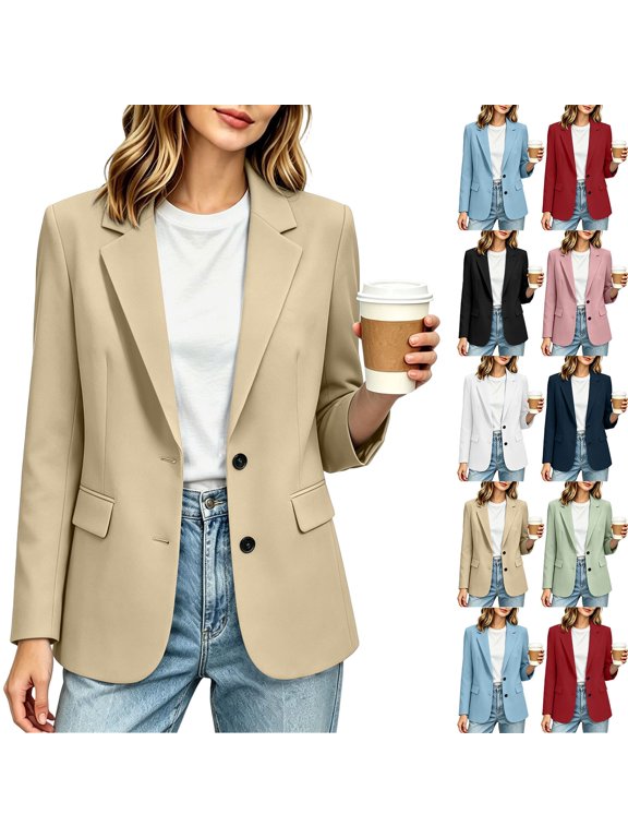 Women's Solid Color Long Sleeve Lapel Blazer Button Front Flap Pockets Casual Business Outfit