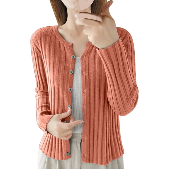 Ahabrexf Long Sweaters for Women, Solid Color Round Neck Button Knit with Stripe Detail Top