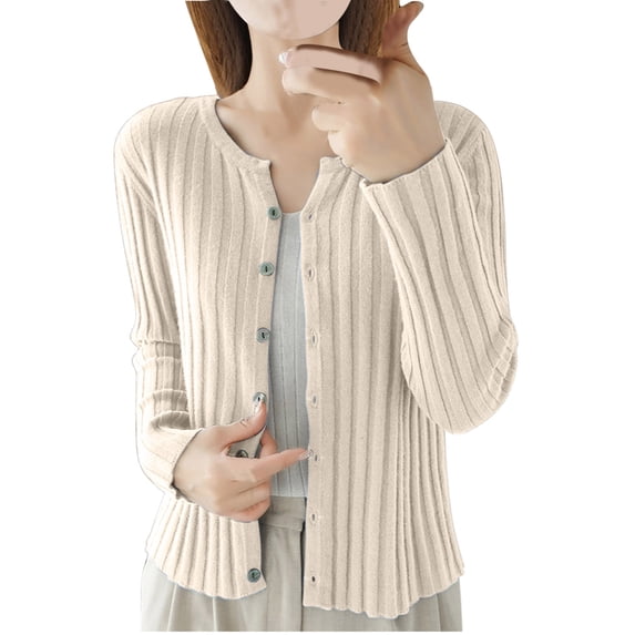 Ahabrexf Long Sweaters for Women, Solid Color Round Neck Button Knit with Stripe Detail Top