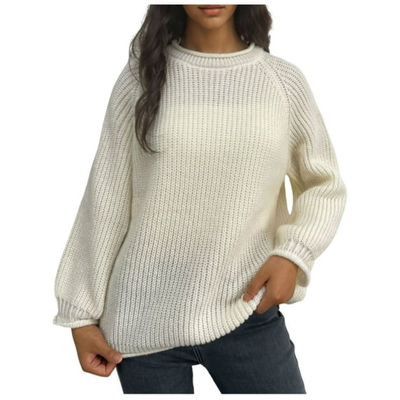 Ahabrexf Striped Sweater Women, Solid Color Pullover with Round Neck and Rolled Cuff Edges