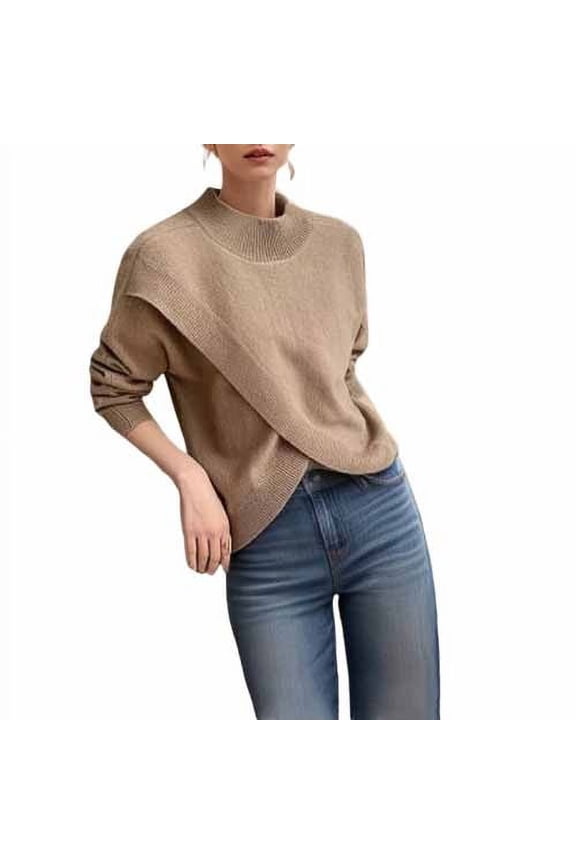 Long Sweaters for Women, Solid Color Pullover with Semi-High Neck and Irregular Hem