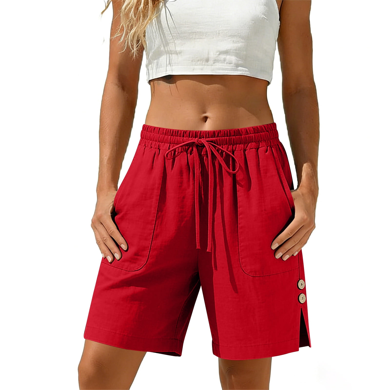 Ahabrexf Women's Solid Color Shorts with Side Slits, Patch Pockets and ...