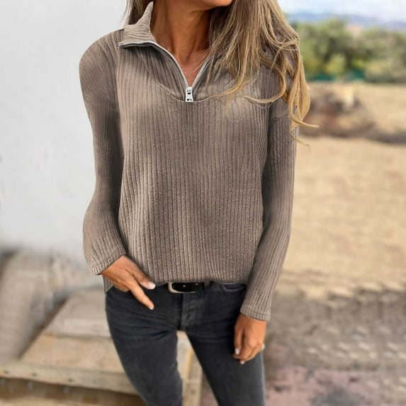 Ahabrexf Womens Jacket Winter, Solid Color V-Neck Zipper Long Sleeve Knitted Sweater Top