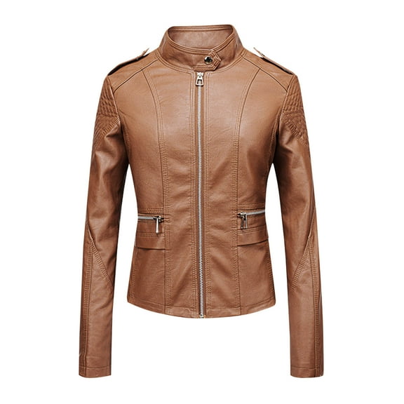 Ahabrexf Zipper Pocket Jacket, Women's Solid Color Long Sleeve Leather Locomotive Suit