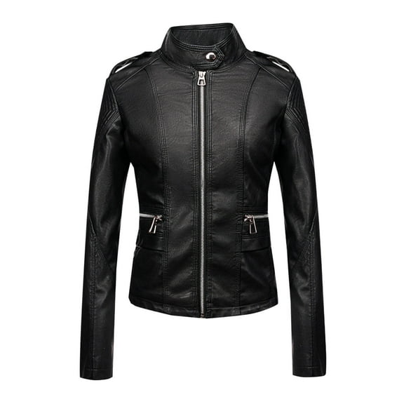 Ahabrexf Zipper Pocket Jacket, Women's Solid Color Long Sleeve Leather Locomotive Suit