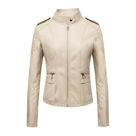 Ahabrexf Zipper Pocket Jacket, Women's Solid Color Long Sleeve Leather Locomotive Suit