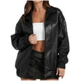 thumbnail image 1 of Ahabrexf Sweaters for Women, Solid Flip Collar Fall Winter Long Sleeve Leather Jacket, 1 of 7