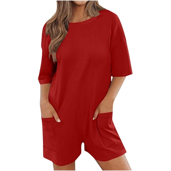 Ahabrexf Jumpsuit Shorts, Women's Solid Oversized Athletic Tee Romper with Half Sleeve and Pockets for Workout and Casual Wear
