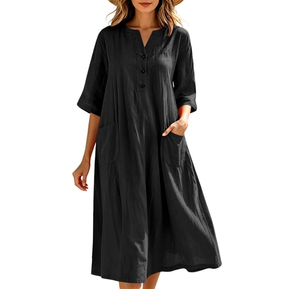 Ahabrexf Women's Split V Neck Half Button Midi Linen Dress, 3/4 Sleeve Loose Flow A Line Shift Dress with Dual Side Pockets Solid Textured Fabric for Summer Casual Wear