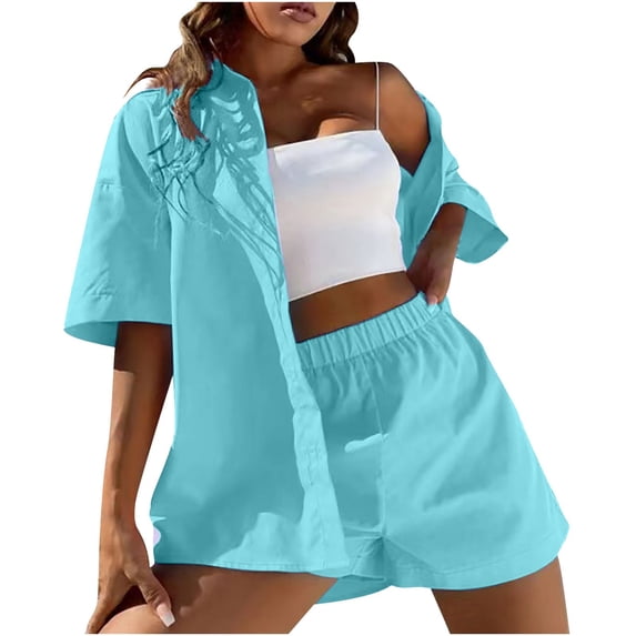 Ahabrexf Womens Summer Tops Women's Spring and Summer Fashion Slim Button-Up Top Casual Shorts Solid Color Top/Shirt Suit Shorts for Women