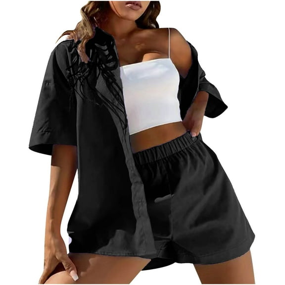Ahabrexf Womens Summer Tops Women's Spring and Summer Fashion Slim Button-Up Top Casual Shorts Solid Color Top/Shirt Suit Shorts for Women