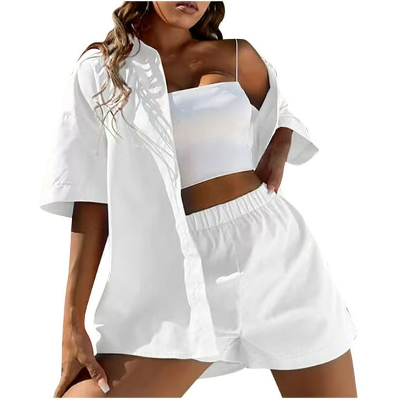 Ahabrexf Womens Summer Tops Women's Spring and Summer Fashion Slim Button-Up Top Casual Shorts Solid Color Top/Shirt Suit Shorts for Women