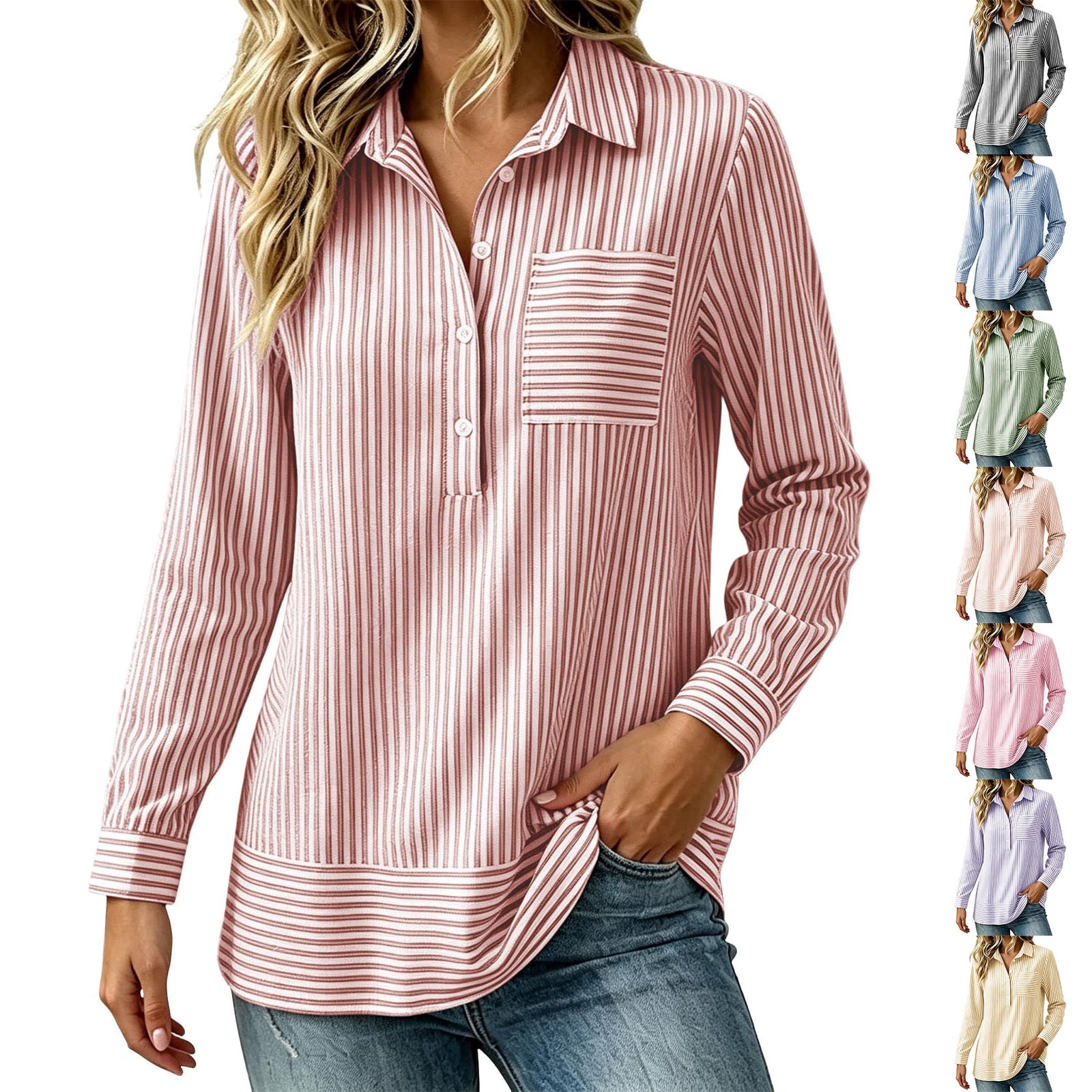 Ahabrexf Women's Striped Button Down Shirt, Long Sleeve Collared Blouse ...