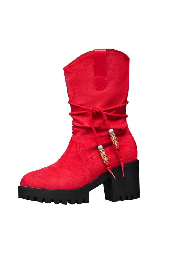Women's Suede Mid Calf Slouchy Boots Chunky Heel Casual Western Maillard Style with Thick Sole and Beaded Drawstring for Daily Wear
