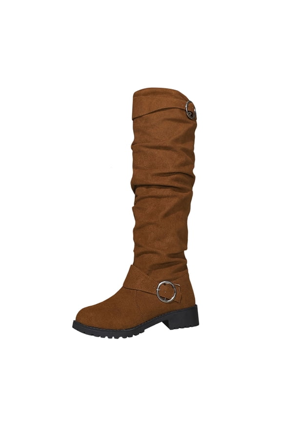 Women's Suede Round Toe Knee High Western Boots with Buckle Insulated Warm Lined Slouchy Low Stacked Heel