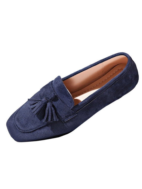 Women’s Suede Slip On Loafers Tassel Square Toe Driving Moccasins Casual Flat Shoes