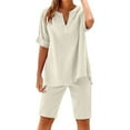 thumbnail image 1 of Ahabrexf Womens Shirts Summer, Linen Shorts and Short Sleeve V-Neck Top Casual 2-Pc Suit, 1 of 9